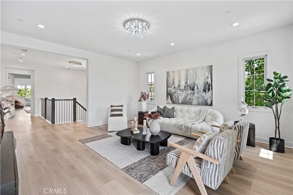 Chandelier, Interior, Living room, Recessed Lighting, Wood Texture Flooring