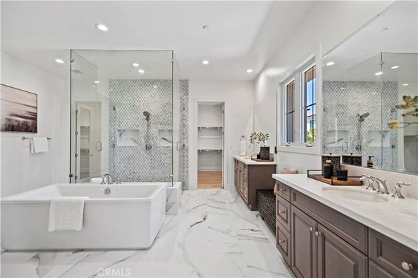 Bathroom, Dual Sink Vanities, Free Standing Baths, Glass Shower, Interior, Marble, Recessed Lighting