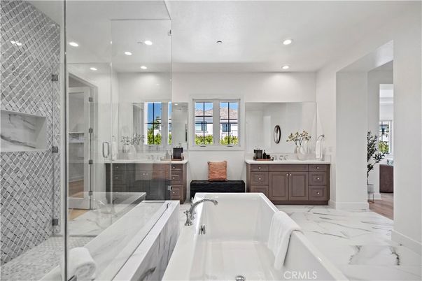 Bathroom, Dual Sink Vanities, Glass Shower, Interior, Marble, Recessed Lighting