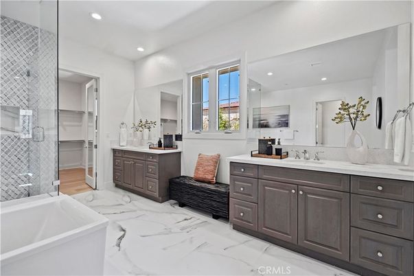 Bathroom, Dual Sink Vanities, Free Standing Baths, Interior, Marble, Recessed Lighting, Wood Texture Flooring