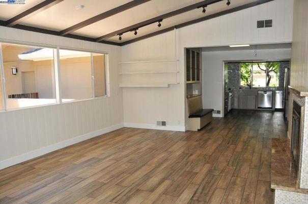 Empty room, Fireplace, Interior, Wooden Beams, Wood Texture Flooring