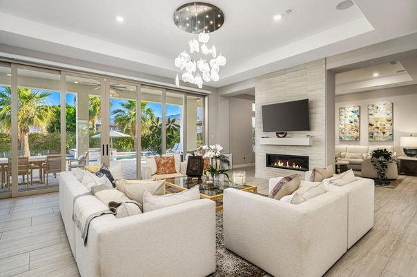 Dining room, Fireplace, Interior, Living room, Pendant Lights, Recessed Lighting, Wood Texture Flooring