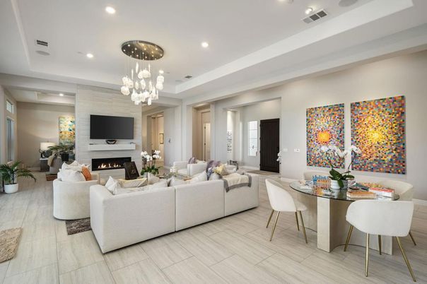 Dining room, Fireplace, Interior, Living room, Pendant Lights, Recessed Lighting