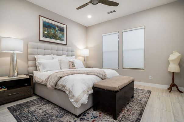 Bedroom, Interior, Recessed Lighting, Wood Texture Flooring