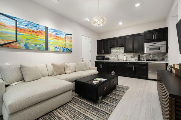 Interior, Kitchen, Living room, Marble Walls, Pendant Lights, Recessed Lighting