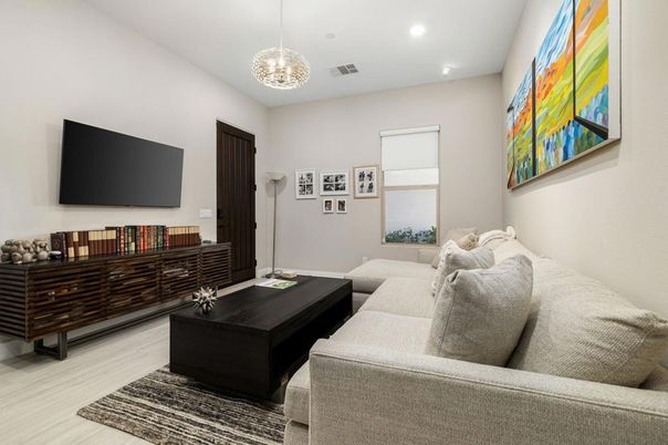 Interior, Living room, Pendant Lights, Recessed Lighting, Wood Texture Flooring