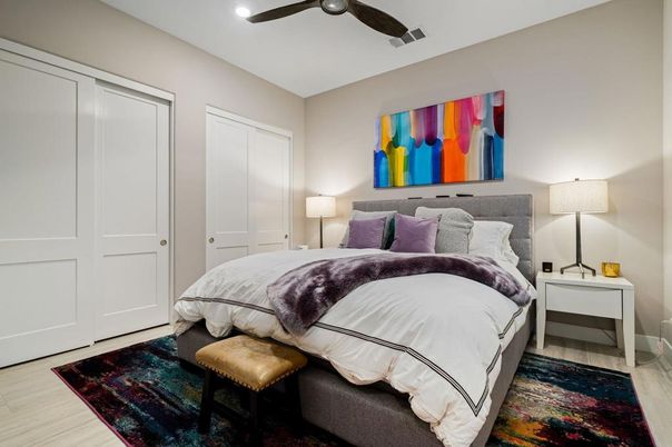 Bedroom, Interior, Recessed Lighting, Wood Texture Flooring