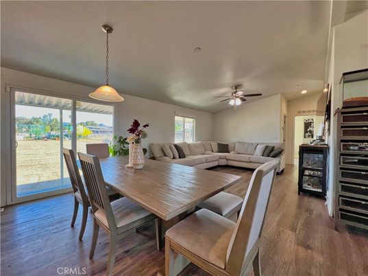 Dining room, Interior, Living room, Pendant Lights, Recessed Lighting, Wood Texture Flooring