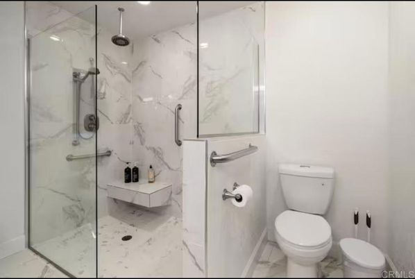 Bathroom, Glass Shower, Interior, Marble, Marble Walls, Recessed Lighting