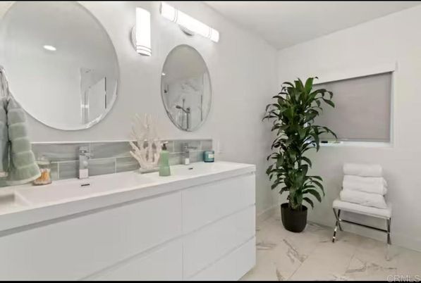 Bathroom, Dual Sink Vanities, Interior, Marble, Recessed Lighting