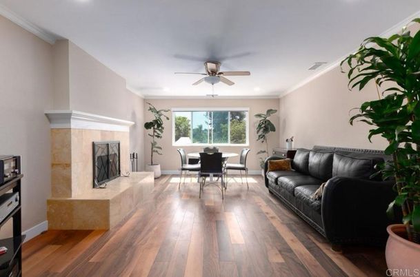 Dining room, Fireplace, Interior, Recessed Lighting, Wood Texture Flooring