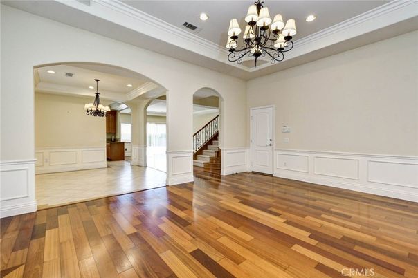 Chandelier, Empty room, Interior, Recessed Lighting, Wood Texture Flooring