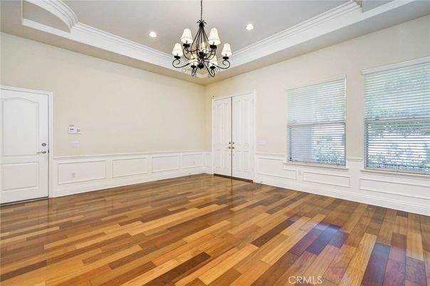Chandelier, Empty room, Interior, Recessed Lighting, Wood Texture Flooring