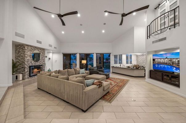Fireplace, Interior, Living room, Recessed Lighting, Stone Walls