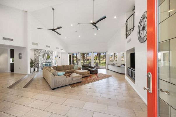 Fireplace, Interior, Living room, Recessed Lighting, Stone Walls