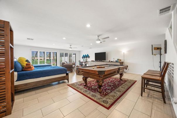 Billiard Table, Game Room, Interior, Recessed Lighting, Wood Texture Flooring