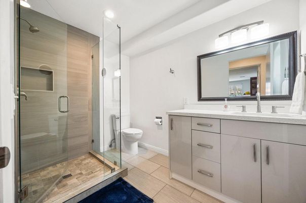 Bathroom, Dual Sink Vanities, Glass Shower, Interior, Pendant Lights, Recessed Lighting