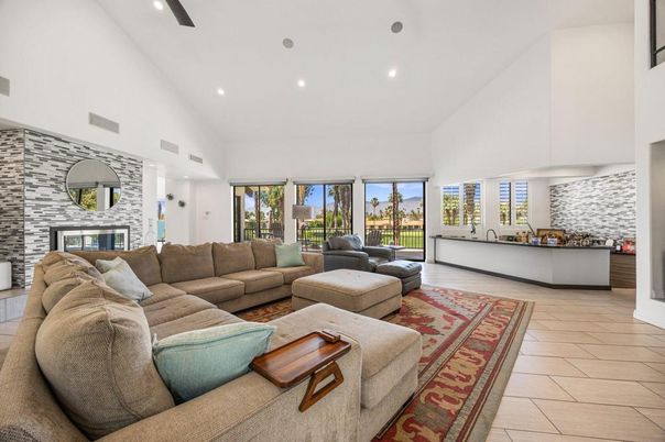 Fireplace, Interior, Living room, Recessed Lighting, Stone Walls