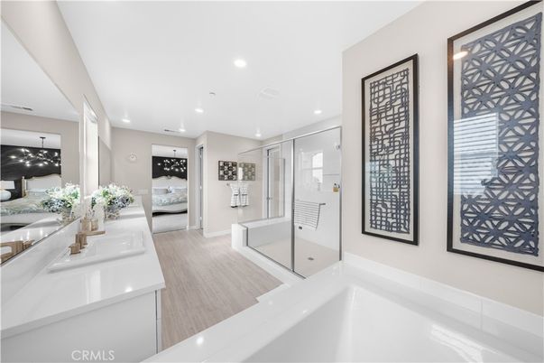 Bathroom, Glass Shower, Interior, Pendant Lights, Recessed Lighting, Wood Texture Flooring
