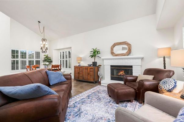 Dining room, Fireplace, Interior, Living room, Pendant Lights