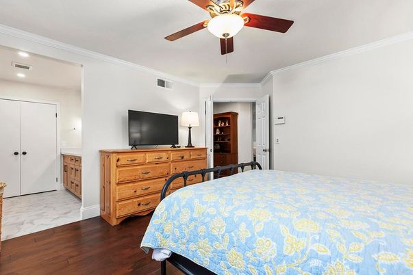 Bedroom, Interior, Marble, Recessed Lighting, Wood Texture Flooring