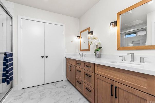 Bathroom, Dual Sink Vanities, Glass Shower, Interior, Marble, Recessed Lighting