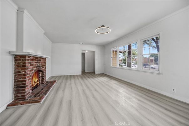 Empty room, Fireplace, Interior, Pendant Lights, Wood Texture Flooring