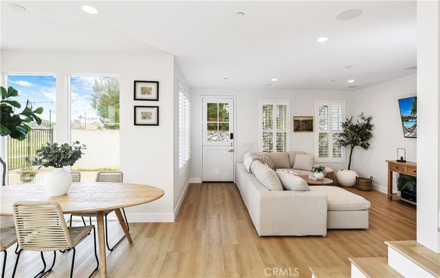 Dining room, Interior, Living room, Recessed Lighting, Wood Texture Flooring