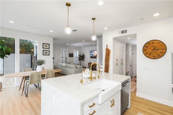 Dining room, Interior, Kitchen, Living room, Pendant Lights, Recessed Lighting, Stainless Steel Appliances, Wood Texture Flooring