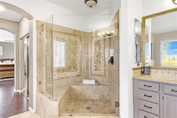 Bathroom, Glass Shower, Interior, Wood Texture Flooring