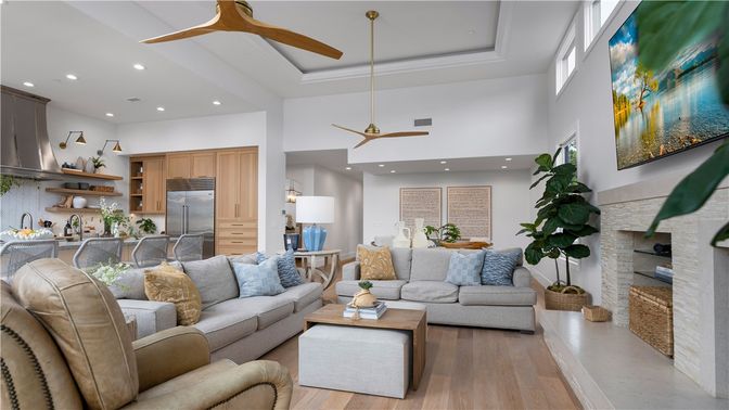 Interior, Kitchen, Living room, Pendant Lights, Recessed Lighting, Stainless Steel Appliances, Stone Walls, Wood Texture Flooring