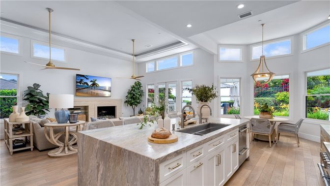 Dining room, Fireplace, Interior, Kitchen, Living room, Pendant Lights, Recessed Lighting, Wood Texture Flooring