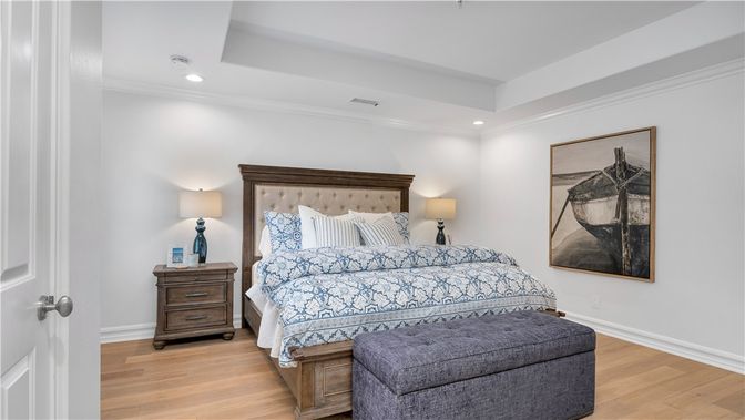 Bedroom, Interior, Recessed Lighting, Wood Texture Flooring