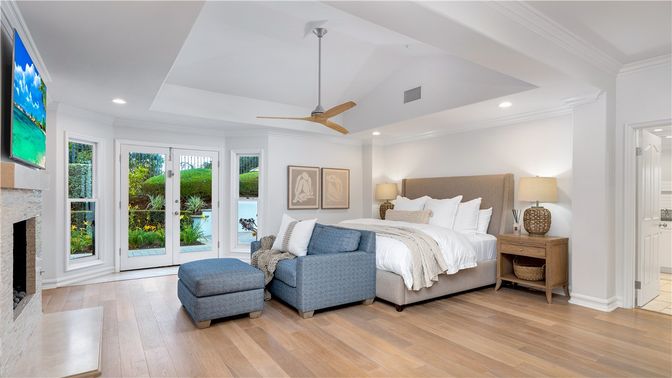 Bedroom, Fireplace, Interior, Recessed Lighting, Wood Texture Flooring