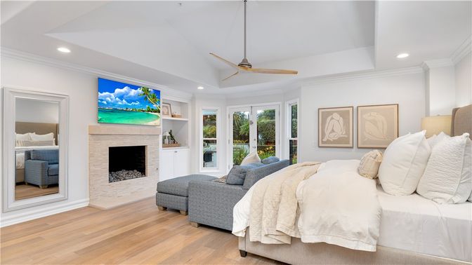Bedroom, Fireplace, Interior, Recessed Lighting, Wood Texture Flooring