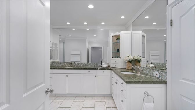 Bathroom, Dual Sink Vanities, Interior, Marble, Recessed Lighting