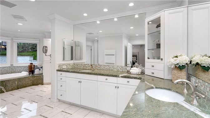 Bathroom, Dual Sink Vanities, Interior, Marble, Recessed Lighting