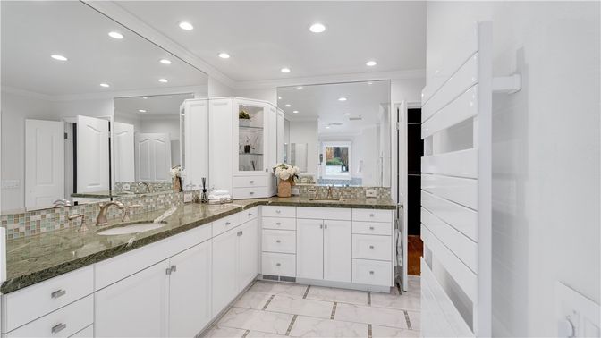 Bathroom, Dual Sink Vanities, Interior, Marble, Recessed Lighting