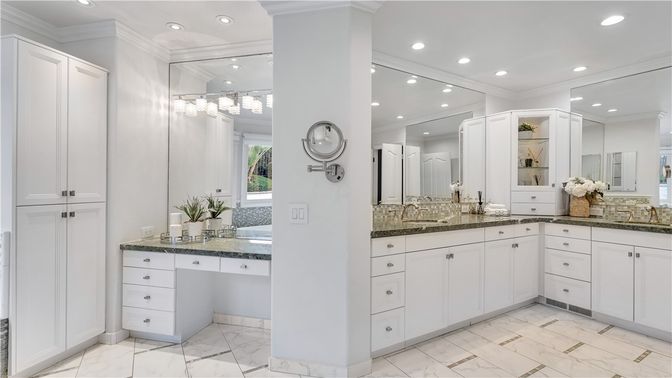 Bathroom, Dual Sink Vanities, Interior, Marble, Recessed Lighting