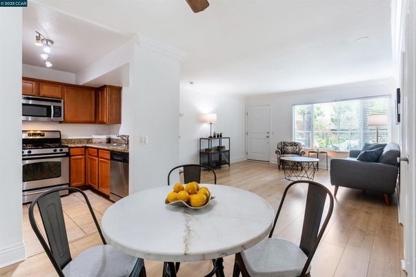 Dining room, Interior, Kitchen, Living room, Stainless Steel Appliances, Wood Texture Flooring