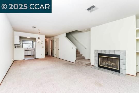 Chandelier, Empty room, Fireplace, Interior, Kitchen, Pendant Lights, Recessed Lighting