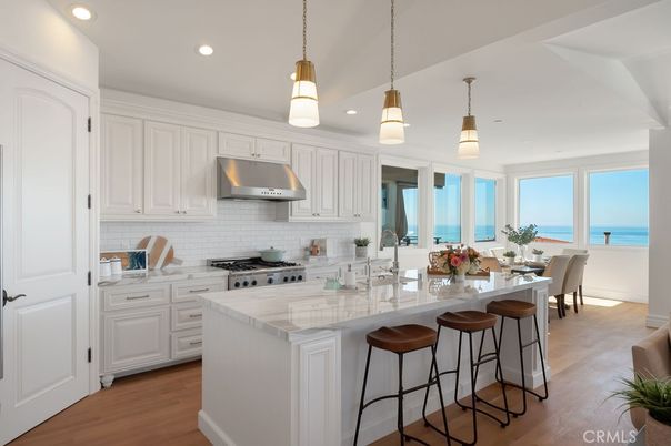 Interior, Kitchen, Pendant Lights, Recessed Lighting, Stainless Steel Appliances, Water, Wood Texture Flooring