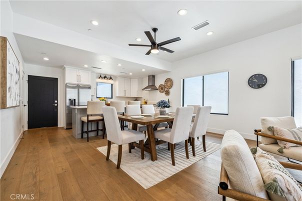 Dining room, Interior, Kitchen, Recessed Lighting, Stainless Steel Appliances, Wood Texture Flooring