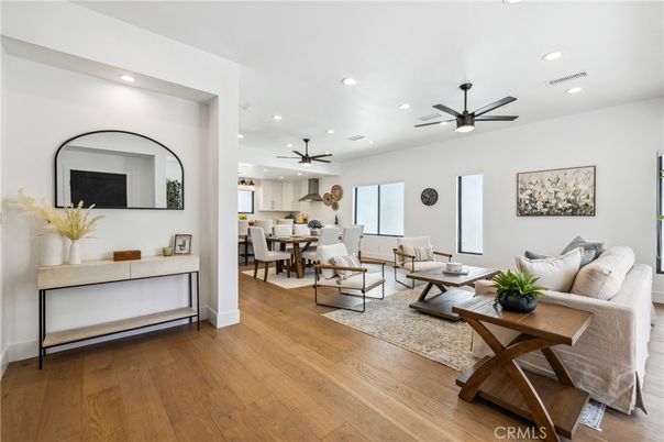 Dining room, Interior, Living room, Recessed Lighting, Wood Texture Flooring