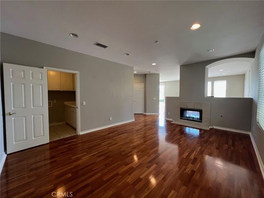 Empty room, Fireplace, Interior, Recessed Lighting, Wood Texture Flooring