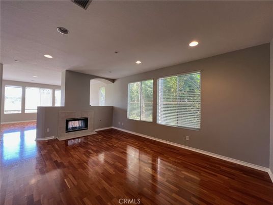 Empty room, Fireplace, Interior, Recessed Lighting, Wood Texture Flooring