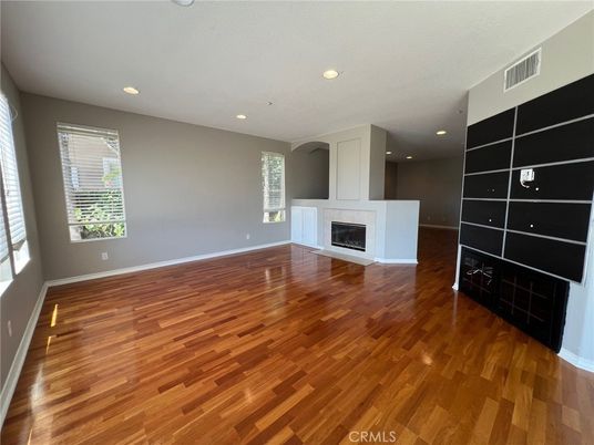 Empty room, Fireplace, Interior, Recessed Lighting, Wood Texture Flooring