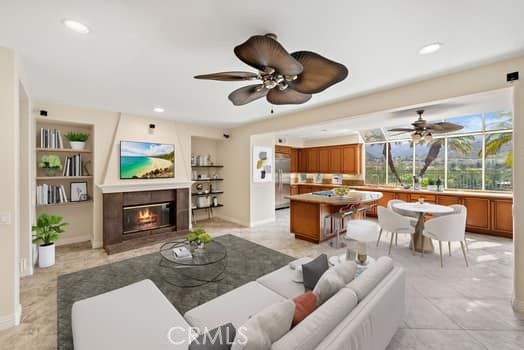Dining room, Fireplace, Interior, Kitchen, Living room, Recessed Lighting