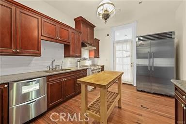 Chandelier, Interior, Kitchen, Pendant Lights, Stainless Steel Appliances, Wood Texture Flooring