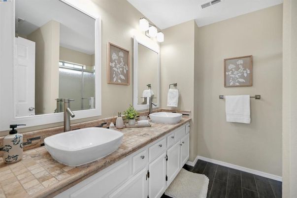 Bathroom, Dual Sink Vanities, Interior, Tile Countertops, Wood Texture Flooring